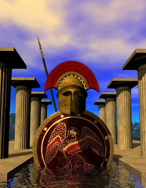 希腊头盔 盾牌和长矛在一座古寺附近的水中 3D插图 — 图库照片