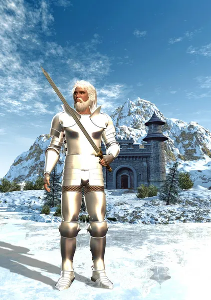 Средневековый Воин Снегу Перед Замком Заднем Плане Горы Голубое Небо — стоковое фото