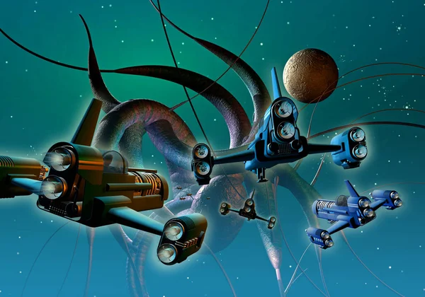 Raumschiffe Greifen Ein Sehr Großes Außerirdisches Monster All Illustration — Stockfoto