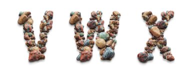 3d alfabe, taştan yapılmış büyük harfler, beyaz arkaplanda 3D görüntüleme, VWX