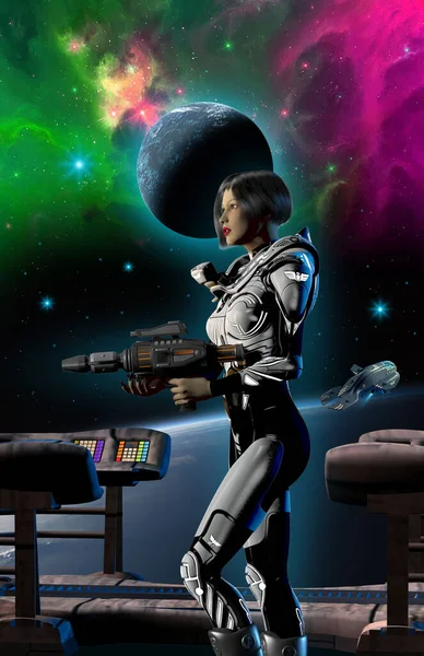 Футуристична Жінка Воїн Пістолетом Космосі Всередині Космічного Корабля Рендеринг Наукова — стокове фото