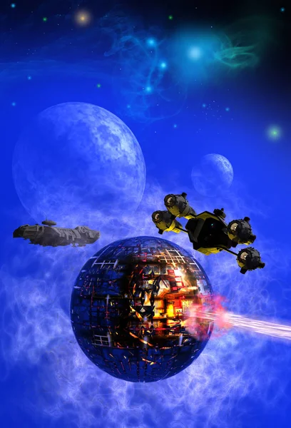 Земля Місяць Космічний Корабель Летить Навколо Космічної Бази Ілюстрація — стокове фото