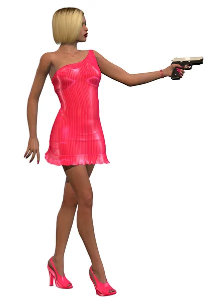Blondynka Dziewczyna Różowej Sukience Pistoletem Ilustracja — Zdjęcie stockowe