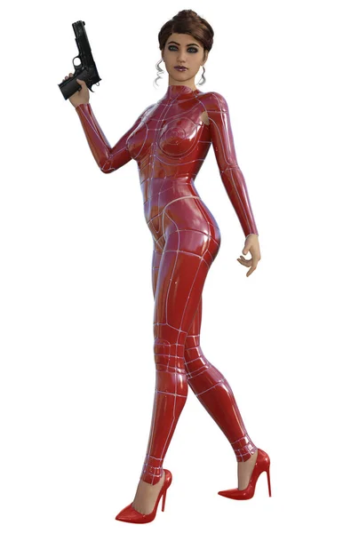 Futuristická Žena Červené Uniformě Botách Ozbrojená Pistolí Ilustrace — Stock fotografie
