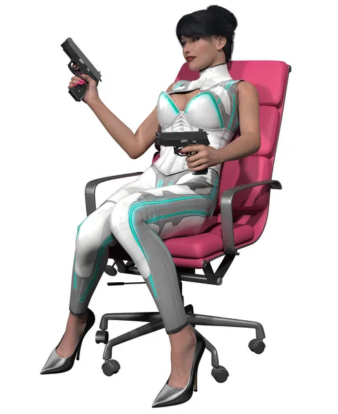 Futuristická Žena Uniformě Židli Ozbrojená Zbraněmi Ilustrace — Stock fotografie