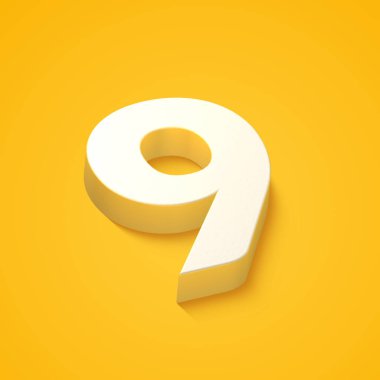3d alphabet, number nine on yellow background, 3d rendering