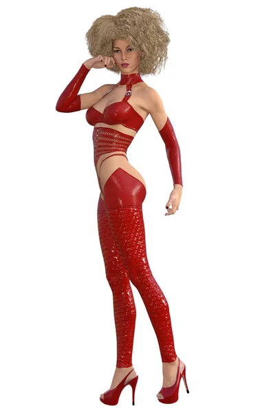 Приваблива Жінка Червоній Сукні Взутті Візуалізація Дівчини Блискавки Білому Тлі — стокове фото