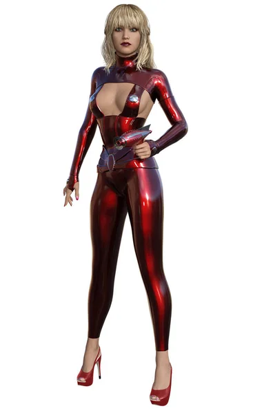 Futuristic Woman Red Dress Shoes Armed Ray Gun Render White — Zdjęcie stockowe