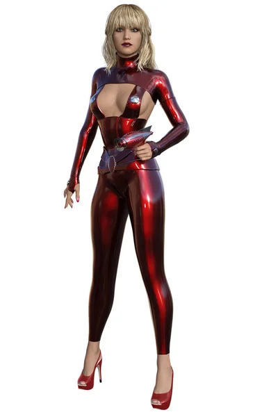 futuristic woman in red dress and shoes, armed with ray-gun, 3d render on white background