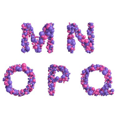 3d alphabet, letters made of multicolored little spheres, M N O P Q