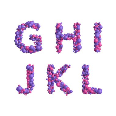 3d alphabet, letters made of multicolored little spheres, G H I JK L
