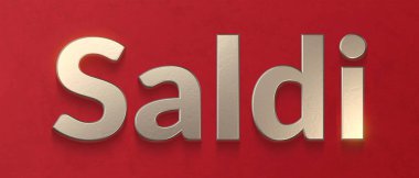 saldi, italian word for sale, metallic 3d letters on red background, 3d illustration