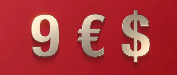 Alphabet Set Metallic Numbers Red Background Nine Euro Dollar Symbols — 스톡 사진