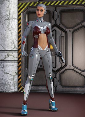 cyborg warrior with gun, 3d illustration