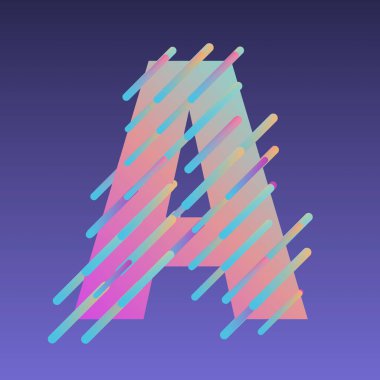 3d alfabe, menekşe arkaplan üzerinde çok renkli harfler ve satırlar, 3d oluşturma, büyük harf yazı tipi, A