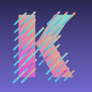3d alfabe, menekşe arkaplan üzerinde çok renkli harf ve satırlar, 3d oluşturma, büyük harf yazı tipi, K
