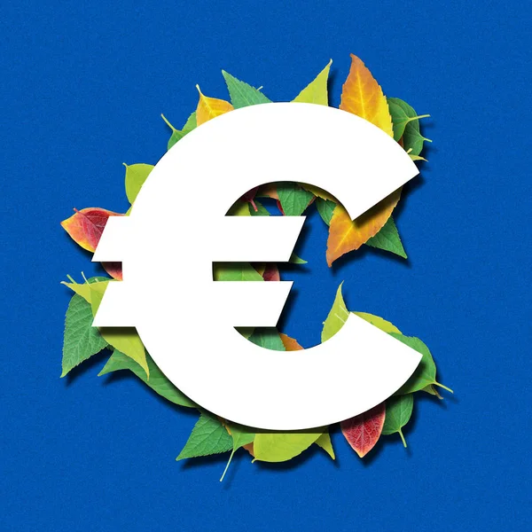 Alfabeto Letras Brancas Forma Feita Folhas Fundo Azul Renderização Euro — Fotografia de Stock