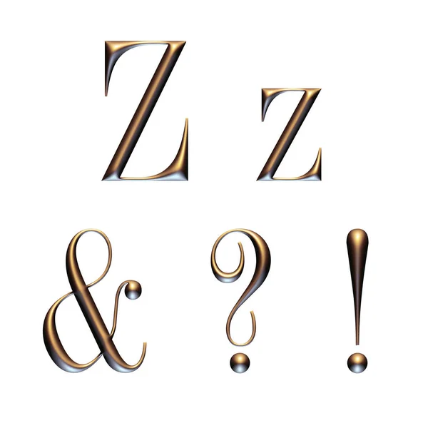 3Dアルファベット 大文字と小文字セリフフォント 黄金文字 3Dレンダリング Zと句読点 — ストック写真