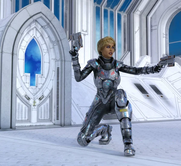 futuristic warrior armed with guns fighting in the space base