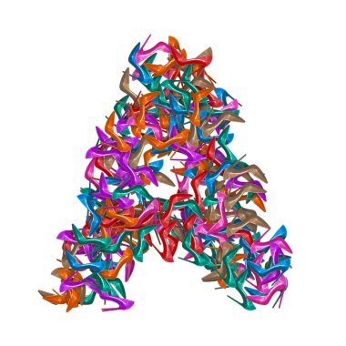 3D alfabe, büyük harf A yüksek topuklu ayakkabıdan yapılmış, 3D resimli beyaz arka plan.