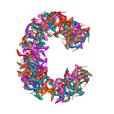 3d alfabe, yüksek topuklu ayakkabıdan yapılmış büyük harf C, beyaz arka planda 3d çizim