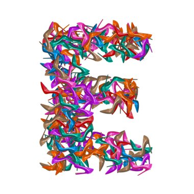 3D alfabe, büyük harf E yüksek topuklu ayakkabıdan yapılmış, 3D resimli beyaz arka plan.