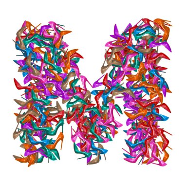 3D alfabe, yüksek topuklu M harfi, beyaz arka planda 3D çizim.