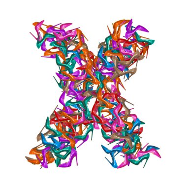 3d alfabe, yüksek topuklu ayakkabılardan yapılmış büyük harf X, beyaz arka planda 3d resim