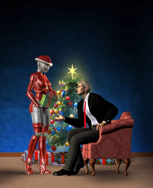 Robot Babbo Natale Con Regalo Vecchio Poltrona Illustrazione — Foto Stock