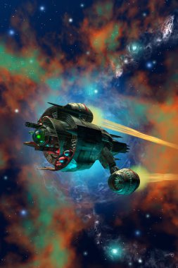 Uzayda seyahat eden uzay gemisi, arka planda nebula ve yıldızlar, 3d illüstrasyon