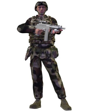 Üniformalı asker tüfekli, 3 boyutlu.