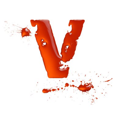 Kırmızı boya damlaları ve sıçramalardan oluşan V harfi, beyaz arkaplanda 3D resim