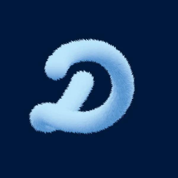 3d alphabet, furry letter D, 3d illustration on blue background