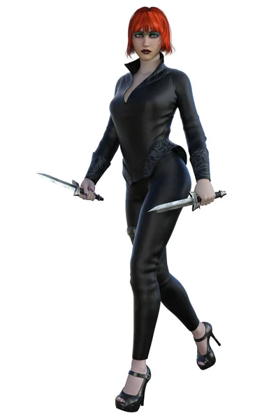 短剣で武装したファンタジー戦士の少女3Dレンダリング — ストック写真