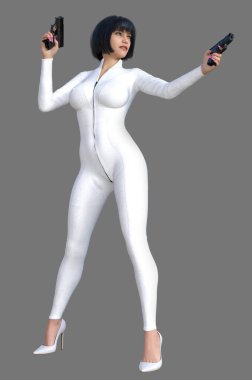 Silahlı, beyaz üniformalı, çekici bir kadın.