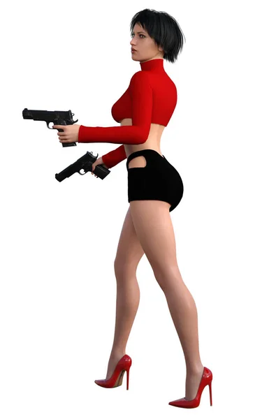 Menina Atraente Com Arma Vermelho Preto Vestido Sapatos — Fotografia de Stock