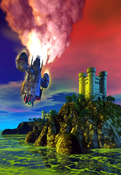 宇宙飞船在天空中爆炸 在背景下是一座中世纪的风景秀丽的岛屿 城堡和大海 3D插图 — 图库照片