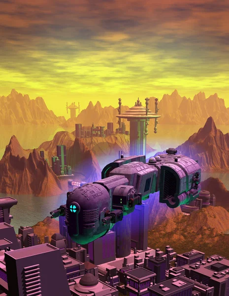 spaceship Landing in the space base on and alien Planet with Sea, mountains and buildings. 3d rendering