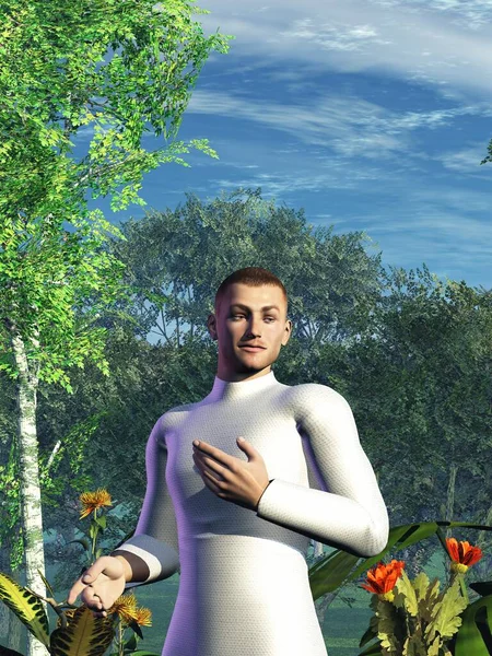 白いチュニックを持つ男は 植物や花を持つエイリアン惑星を探索し 3Dレンダリング — ストック写真