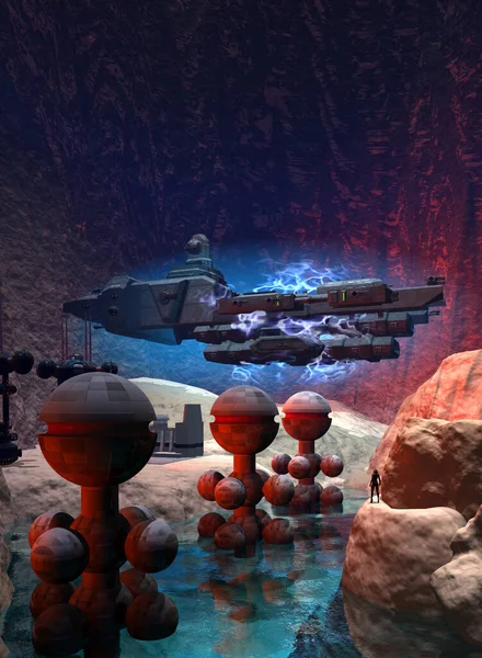 spaceship landing in a secret space base inside a mountain, 3d rendering