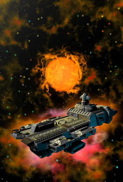 宇宙飞船在太空中 背景是一颗恒星 星际气体和星云 3D渲染 — 图库照片