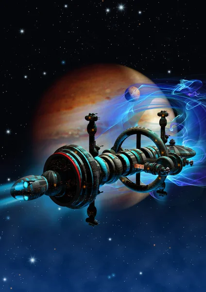 Raumschiff Fliegt Der Nähe Des Planeten Jupiter Darstellung — Stockfoto