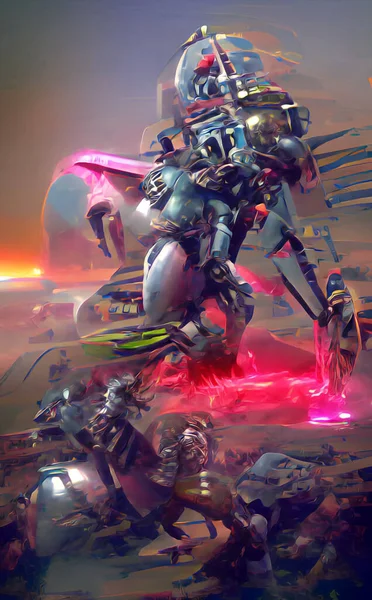 Alien Robots Exploring Planet Digital Illustration — Stok fotoğraf