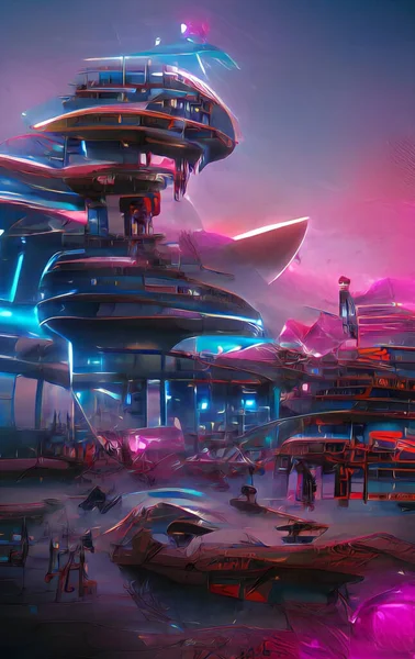Raumstation Der Futuristischen Stadt Auf Fremdem Planeten Digitale Illustration — Stockfoto