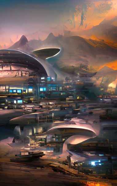 Base Spatiale Dans Ville Futuriste Sur Une Planète Étrangère Illustration — Photo