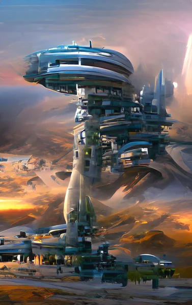 space base in the futuristic city on alien planet, digital illustration