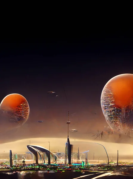 Futuristic City skyline, space base on alien planet, digital painting