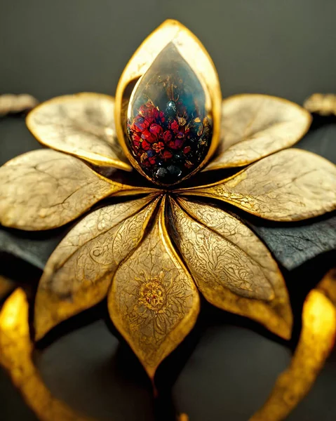 flower-shaped jewel with gold and precious stones, 3d render and digital painting, concept illustration