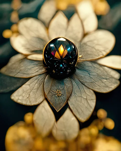 flower-shaped jewel with gold and precious stones, 3d render and digital painting, concept illustration