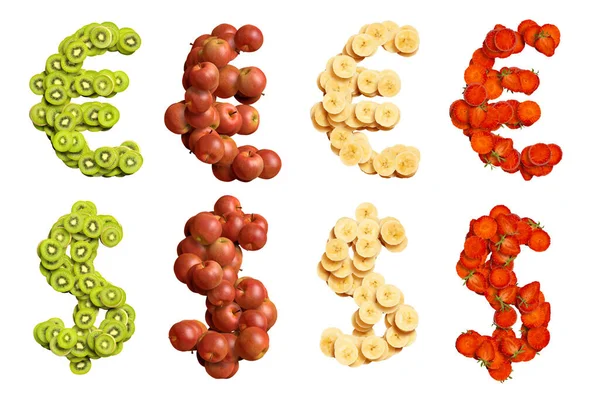 Set Simboli Fatti Frutta Rendering Mela Banana Kiwi Fragola Euro — Foto Stock